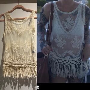 Ark & Co boho Cream Lace sheer Fringe Tank Top